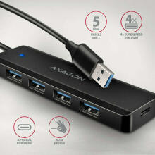 HUE-C1A 4-портовый USB-концентратор для путешествий, 5 Гбит/с, разъем питания USB-C, кабель типа A длиной 19 см, дополнительный блок питания USB-C