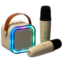 Ikonka Art.KX3377_1 Karaoke komplekts 2 mikrofoni + portatīvais skaļrunis BLUETOOTH USB LED bēšs