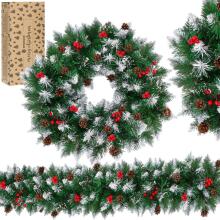 Christmas garland Springos CA1446 110 cm artificial garland with pinecones and rowan berries, green with frosted effect