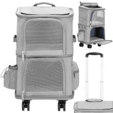 Cat, dog transporter Springos PA0326, 55 x 34 x 26 cm, wheeled pet carrier, dual-chamber, gray
