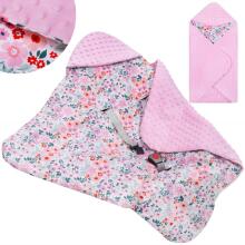 Baby wrap for car seat and carrier Springos SB0052, 77x77 cm, reversible blanket with hood, floral design, pink/multicolor