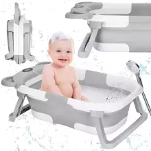 Bērnu vannīte Springos SB0062, silikona, ar aizbāzni un termometru, 27,5 L, pārnēsājama, balti-pelēka
