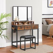 Cosmetic dressing table, large fold-out mirror, stool
