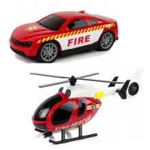 WOOPIE Transportlīdzekļu komplekts - evakuators, ugunsdzēsēju mašīna, helikopters, auto ar skaņu un gaismām