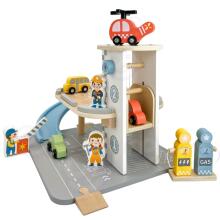 WOOPIE GREEN Wooden Multi-Level Parking 2-in-1 Gas Station with Cars and Figures 12 pcs. FSC