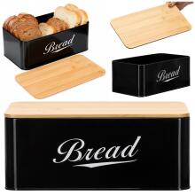 Metal bread bin 33x18x14 cm, closed bread container, bamboo board, black