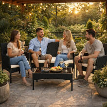 Garden furniture set made of technorattan, bench, table, chairs, black, MultiGarden