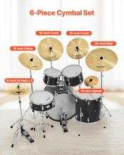 Vevor 6 Piece Cymbal Set Drumsticks Art.287554 Set Including 355mm HiHat, 400&455mm Crash, 505mm Ride, 254mm Splash, 400mm China, Drumsticks and Cymbal Bag 6-osaline