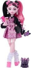 Monster High – Draculaura lelle rozā kleitā ar bantītēm un melnu jaciņu