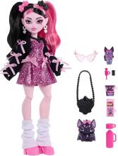 Monster High – Draculaura lelle rozā kleitā ar bantītēm un melnu jaciņu