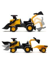 FALK Ride-On JCB Tractor with Trailer, Rake, and Shovel, Quiet Wheels for Ages 1-3