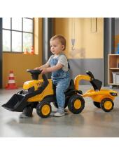 FALK Ride-On JCB Tractor with Trailer, Rake, and Shovel, Quiet Wheels for Ages 1-3