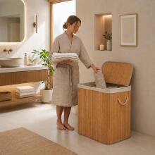 Bamboo laundry basket 150l with 3 compartments and lid, ModernHome