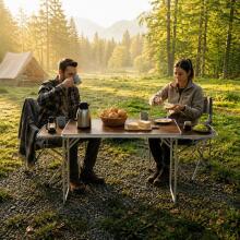 Camping table 120x60 cm folding suitcase table with 2 shelves, brown, MultiGarden