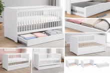 Klups Dalia Set Art.299156 White Bērnu koka gulta bez kastes 120x60cm+matracis ar kokosšķiedru 120x60x8cm+kumode ar pārtinamo virsmu