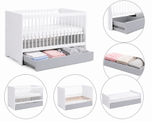 Klups Dalia Set Art.299161 White/Grey Komplekts:Bērnu koka gulta ar atvilkni 120x60cm+matracis ar kokosšķiedru 120x60x8cm+kumode ar pārtinamo virsmu+skapis