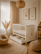 Elf Bed Bloom Drawer Art.300023 Bear White  Wooden baby crib with a storage drawer (120x60 cm)