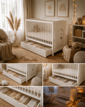 Elf Bed Bloom Drawer Art.300023 Bear White  Wooden baby crib with a storage drawer (120x60 cm)