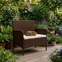 Two-seater garden sofa with cushion, bench for balcony, patio and garden, brown, MultiGarden