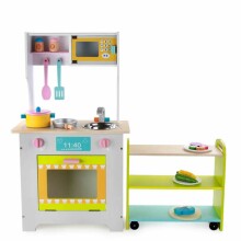 TLC Baby Kitchen Art.T20077 Bērnu koka virtuve  ar plīti un izvelkamu plauktu uz riteņiem