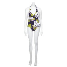 Violetinis gėlėmis margintas maudymosi kostiumas