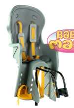 „Baby Maxi Safe Seat 812 MIDI 2013“ pilka ir geltona dviračio kėdutė ant rėmo skirta vaikams nuo 9 mėnesių. iki 7 metų