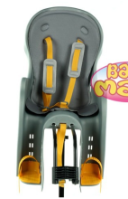 „Baby Maxi Safe Seat 812 MIDI 2013“ pilka ir geltona dviračio kėdutė ant rėmo skirta vaikams nuo 9 mėnesių. iki 7 metų