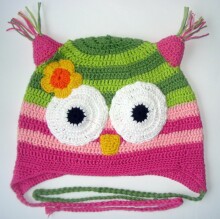 „Happy Ulula“ rankų darbo „Happy Flower Owl 77“ megzta kepurė, 44-55cm dydžio (rankų darbo)