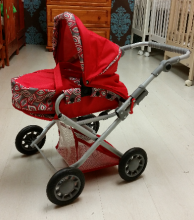 „Wokke Pram Doll“ vežimėlis „Magda Red Classic“ lėlių vežimėlis su krepšiu