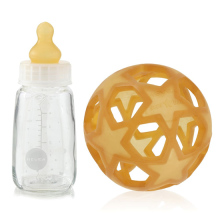 Hevea Baby Glass Bottle Stikla pudelīte (antikoliku) ar knupīti un maigu bumbu no 100% naturāla (dabas) kaučuka no 0+ mēn.